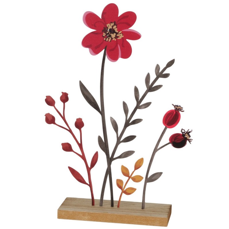 Fiori di rosa canina decorativa in metallo con base in legno in 2 varianti assortite, perfetta come decoro autunnale